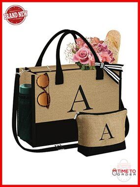 Personalized Jute Tote Bag & Matching Makeup Bag Monogrammed